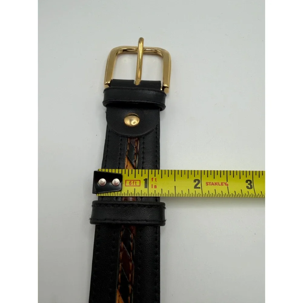 VTG Genuine Leather Belt Multi Color Braided Exotic Inlay Gold Buckle Western ML